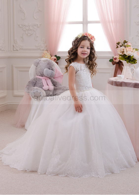 Ivory Lace Tulle Beaded Keyhole Back Small Train Flower Girl Dress